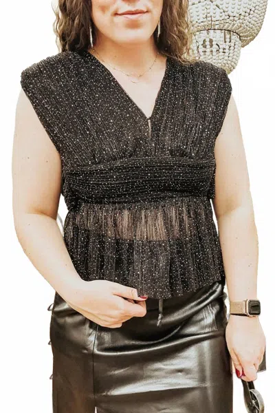 Elan Sparkle Peplum Plunge Top In Black