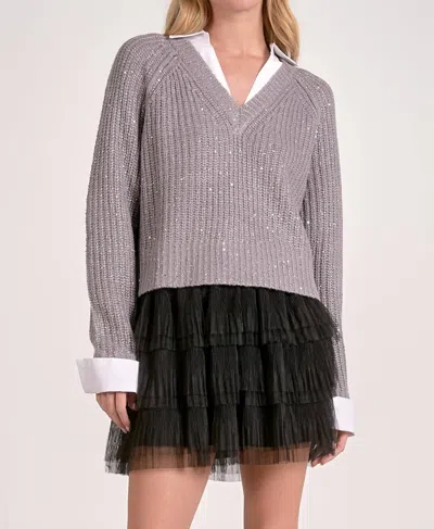 Elan Sparkly White Collar Sweater In Grey In Gray