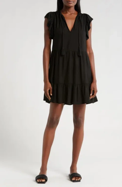 Elan Split Neck Ruffle Sleeve Cover-up Dress In Black
