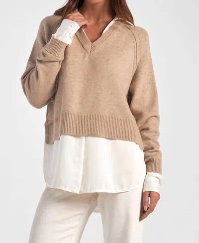 Elan Stevie Layered Sweater/shirt Combo In Taupe/white In Multi