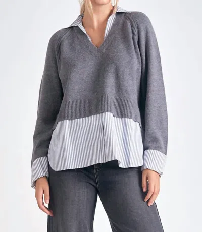 ELAN STEVIE LAYERED SWEATER/STRIPED SHIRT COMBO IN CHACOAL