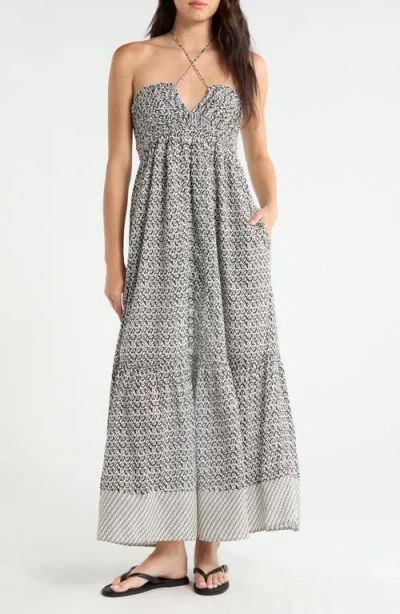 Elan Strapless Border Print Tiered Maxi Dress In Gray