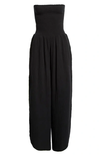 Elan Strapless Smocked Bodice Cotton Gauze Cover-up Jumpsuit In Black