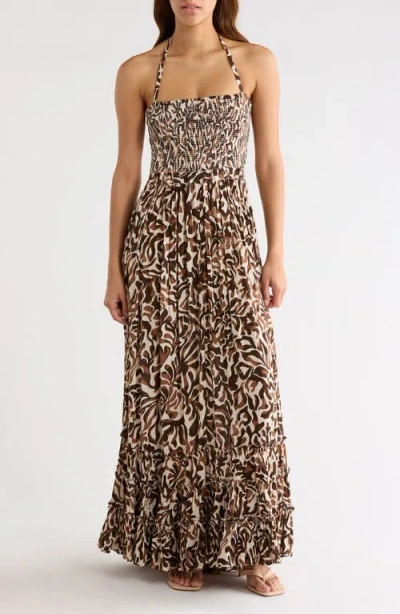 Elan Strappy Smocked Maxi Dress In Brown