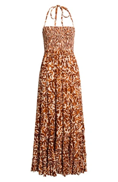 Elan Strappy Smocked Maxi Dress In Brown