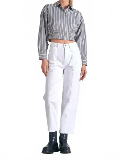 Elan Stripe Button Down Cinch Waste Cropped Top In Grey White In Gray