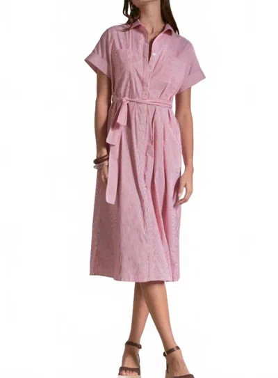 Elan Stripe Button Down Midi Dress In Red In Pink