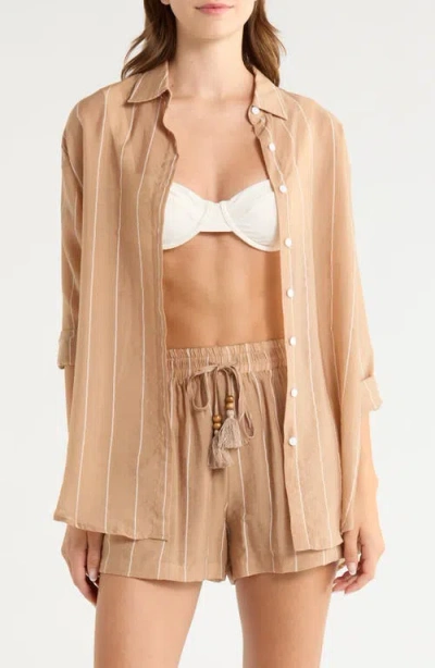 Elan Stripe Oversize Cotton Button-up Cover-up Shirt In Brown