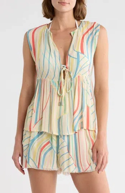 Elan Stripe Tie Front Cover-up Tank In Multi