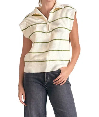 Elan Stripe Zip Front Sweater In Beige Green In Metallic