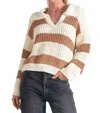 Elan Striped V-neck Collared Sweater In Camel In Multi