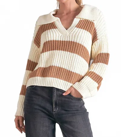 Elan Striped V-neck Collared Sweater In Camel In Multi