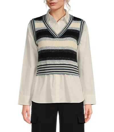 Elan Striped V-neck Long Sleeve Sweater Vest Shirt In Blue In Blue Multi
