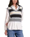 Elan Kaia Sweater Vest Collar Top Set In Blue Multi In White