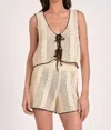 Elan Womens Crochet Tipped Tie Front Vest Crochet Tipped High Waisted Pull On Shorts In Multi