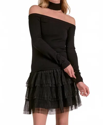 Elan Taylor Off The Shoulder Choker Sweater In Black