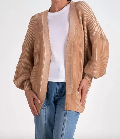 Elan Terry Rib Relaxed Cardigan In Tan In Blue