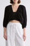 Elan Three-quarter Balloon Sleeve V-neck Cover-up Top In Black