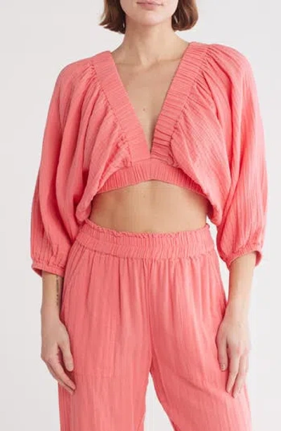 Elan Three-quarter Balloon Sleeve V-neck Cover-up Top In Coral
