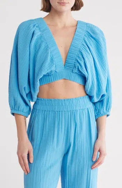 Elan Three-quarter Balloon Sleeve V-neck Cover-up Top In Sky Blue