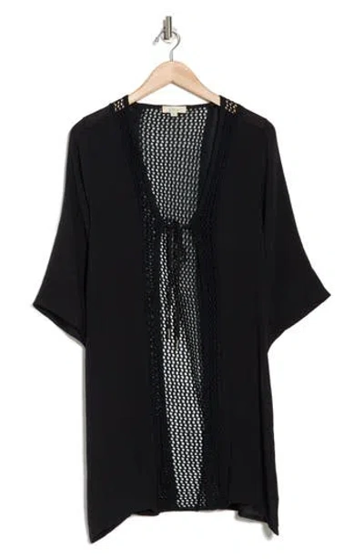 Elan Three-quarter Sleeve Open Stitch Cover-up Duster In Black
