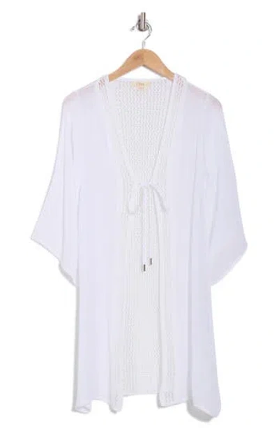 Elan Three-quarter Sleeve Open Stitch Cover-up Duster In White