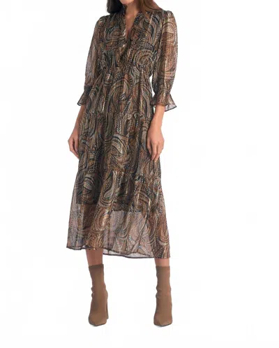 Elan Three Quarter Sleeve Paisley Midi Dress In Brown