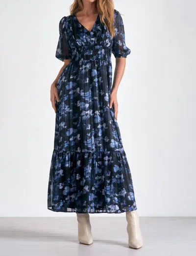 Elan Three-quarter Sleeve V Neck Floral Maxi Dress In Blue Floral