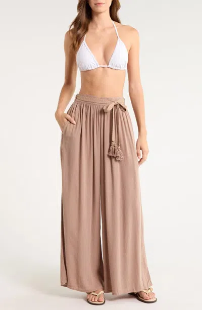 Elan Tie Belt Wide Leg Cover-up Pants In Brown