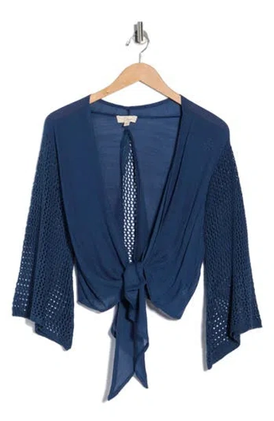 Elan Tie Front Bell Sleeve Cover-up Top In Blue