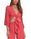 Elan Resort Tie Front Crochet Sleeve Top In Coral In Gold