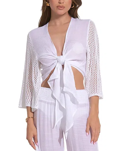Elan Tie Front Crochet Sleeve Top In White