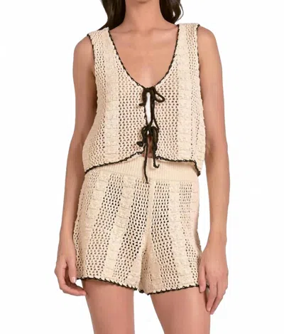 Elan Tie Front Crochet Vest In Natural Black Bord In Neutral