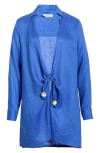 Elan Tie Front Long Sleeve Linen Cover-up In Blue