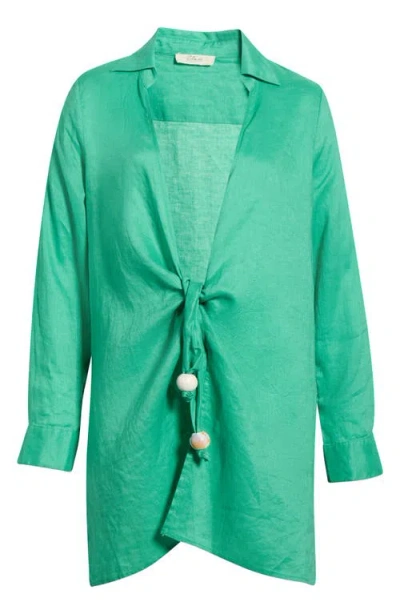 Elan Tie Front Long Sleeve Linen Cover-up In Green