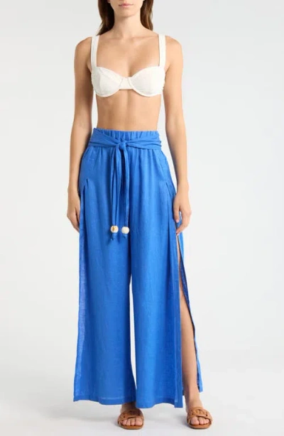 Elan Tie Side Linen Cover-up Pants In Blue