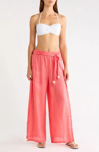 Elan Tie Side Linen Cover-up Pants In Pink