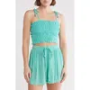 Elan Tie Strap Smocked Crop Top In Aqua