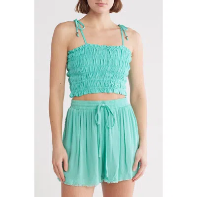 Elan Tie Strap Smocked Crop Top In Aqua