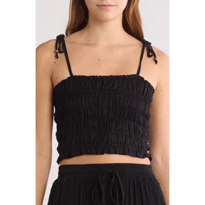 Elan Tie Strap Smocked Crop Top In Black
