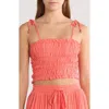 Elan Tie Strap Smocked Crop Top In Coral