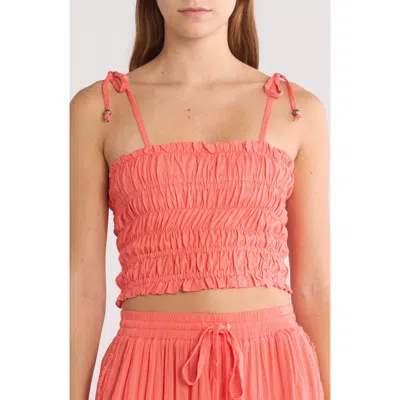 Elan Tie Strap Smocked Crop Top In Coral