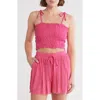 Elan Tie Strap Smocked Crop Top In Hot Pink