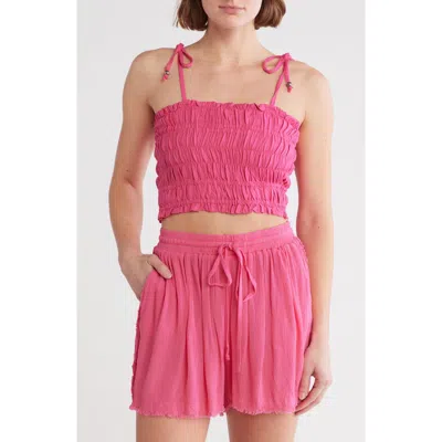 Elan Tie Strap Smocked Crop Top In Hot Pink