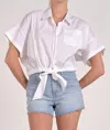 Elan Tie Waist Short Sleeve Button-down Top In White In White