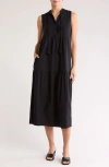 Elan Tiered Cotton & Linen Cover-up Dress In Black