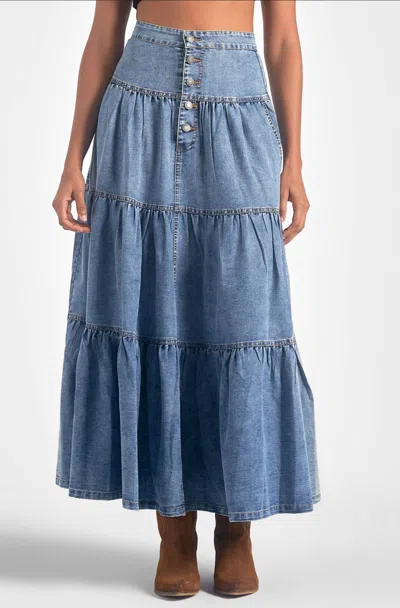 Elan Tiered Denim Ruffle Skirt In Blue