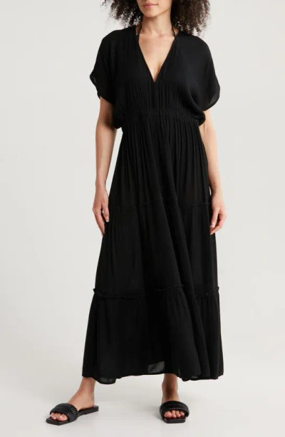 Elan Tiered Ruffle Maxi Cover-up Dress In Black