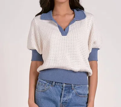 Elan Trim Crocheted Sweater In White/blue