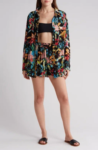 Elan Tropical Floral Cover-up Shirt In Black Paradise